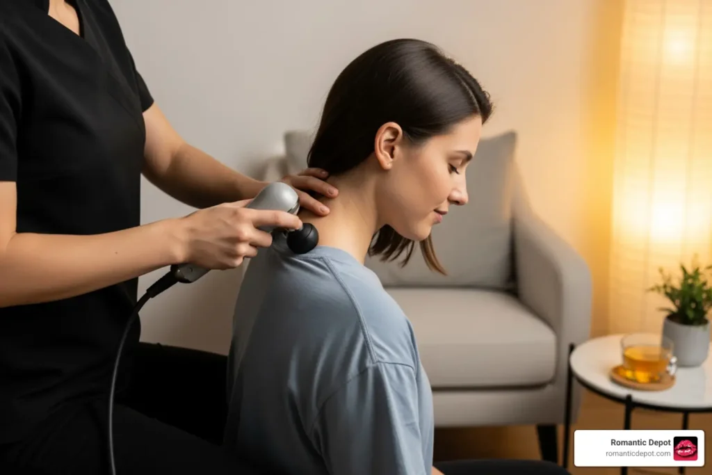 Person using a wand vibrator for shoulder and neck massage - magic wands