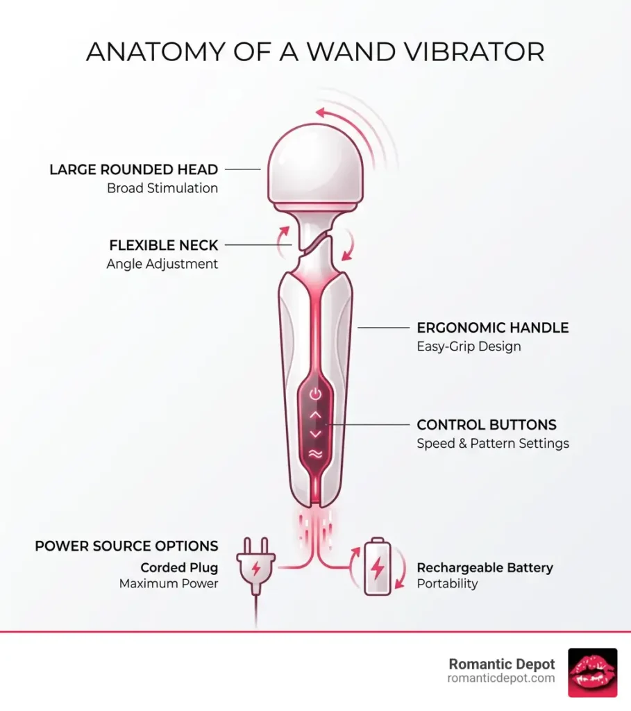 Infographic showing the anatomy of a wand vibrator: large rounded head for broad stimulation, flexible neck for angle adjustment, ergonomic handle with easy-grip design, control buttons for speed and pattern settings, and power source options including corded plug or rechargeable battery - magic wands infographic
