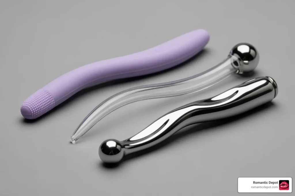 three different G-spot wands showing variations in curvature and material (silicone, glass, metal) - G-spot magic wand
