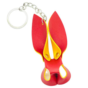 Red leather keychain with rabbit design