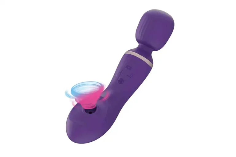 Purple dual-function massager with vibration and suction settings.