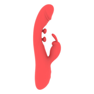 Red silicone dual-action vibrator with clitoral stimulator.