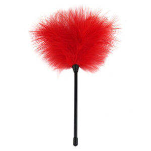 Red feather duster with black handle.