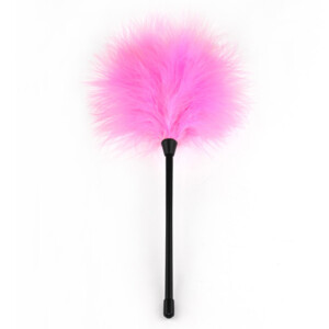 Pink feather duster on white background.