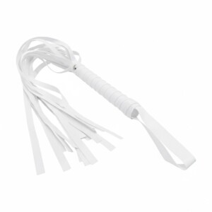 White leather flogger with multiple tails and handle.