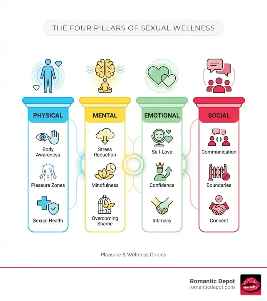 infographic showing four pillars of sexual wellness: Physical (body awareness, pleasure zones, sexual health), Mental (stress reduction, mindfulness, overcoming shame), Emotional (self-love, confidence, intimacy), and Social (communication, boundaries, consent) - Pleasure & wellness guides infographic