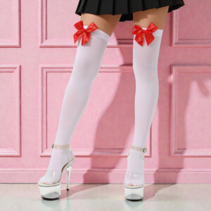 Woman in stockings with red bows and high heels.