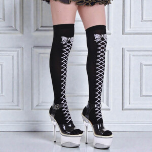 Black lace-up stockings and platform heels fashion.