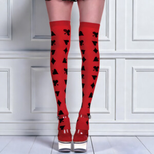Person wearing card-themed red thigh-high socks.