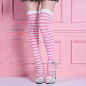 Person wearing pink and white striped stockings