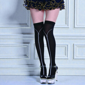 High heels, black thigh-high stockings, ruffled skirt.