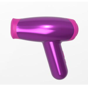Purple and pink hair dryer on white background.