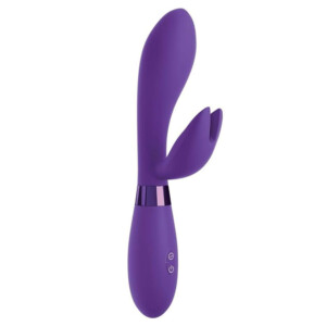Purple dual-motor rabbit vibrator with curved design.