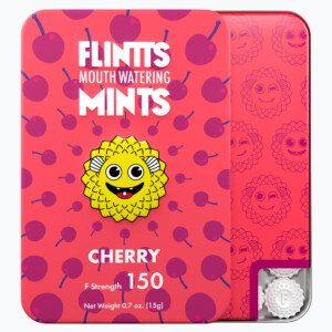 Cherry-flavored mints tin with cartoon character