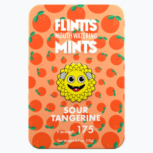 Flintts Sour Tangerine mints tin with orange pattern