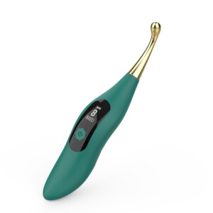 Green handheld facial massager with gold curved tip