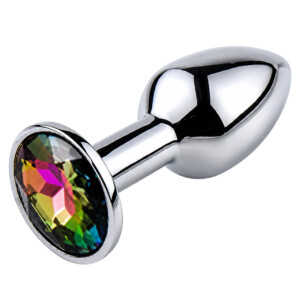 Metal jeweled butt plug with rainbow gemstone