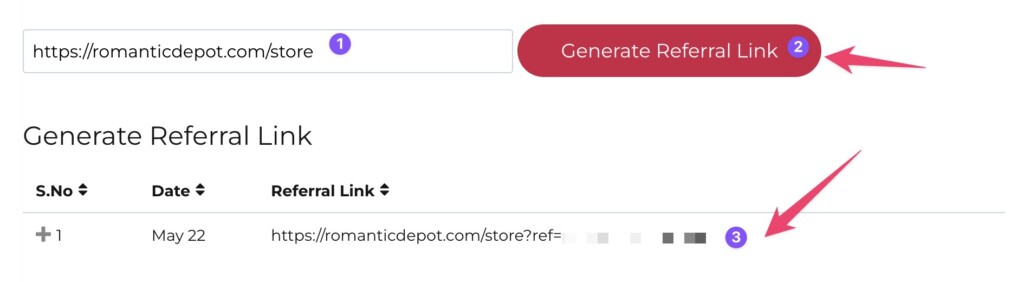 Referral link generation webpage interface