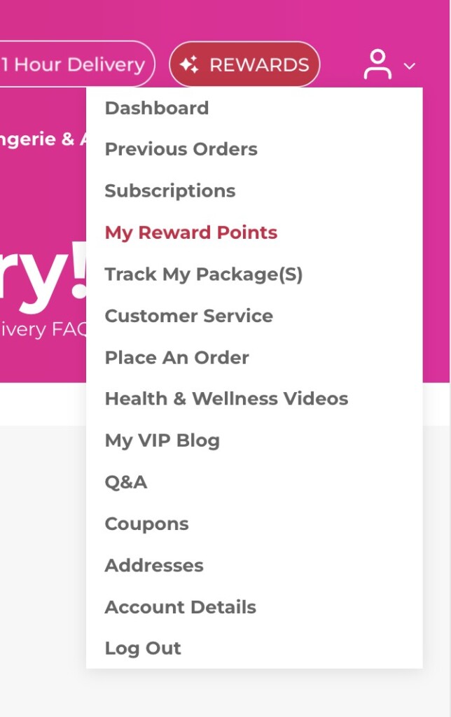 Rewards dropdown menu on ecommerce website dashboard