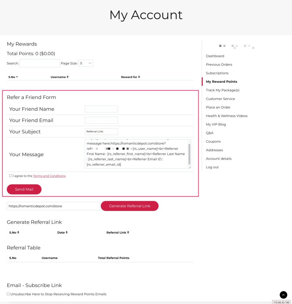 My Account referral rewards dashboard page