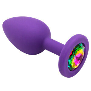 Purple silicone butt plug with rainbow gem base