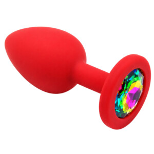 Red silicone butt plug with rainbow gem base