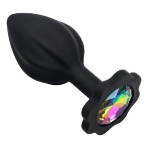 Black silicone butt plug with rainbow gem base