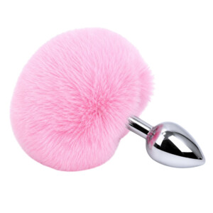 Pink fluffy pom-pom attached to metal plug