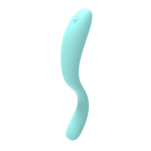 Curved teal silicone personal massager on white background