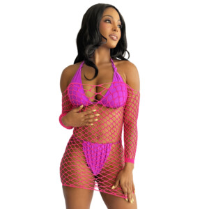 Woman in pink fishnet dress over bikini