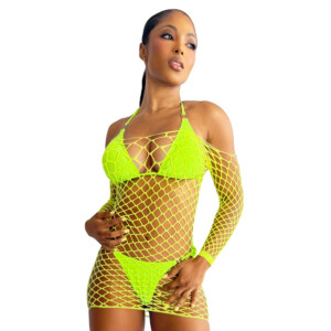 Woman modeling neon green fishnet dress and bikini