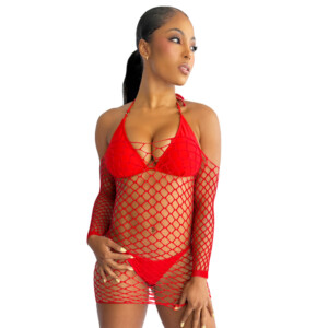 Model wearing red fishnet lingerie set