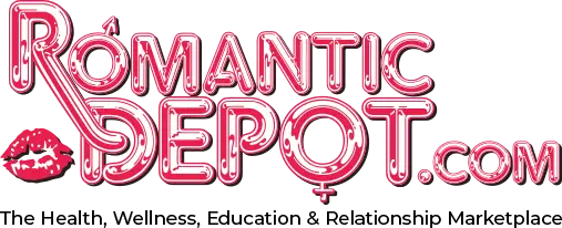 Romantic Depot neon logo with lips icon