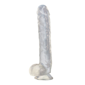 Transparent realistic silicone dildo on white background