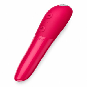 Pink handheld vibrator with control buttons