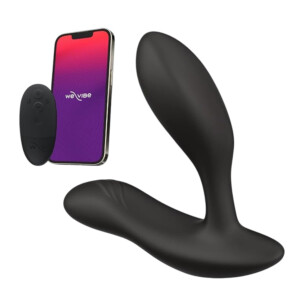 Black app-controlled prostate massager with smartphone and remote
