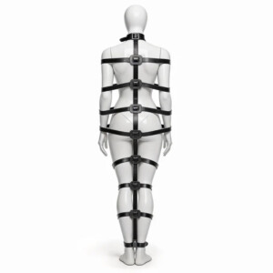 Back view of mannequin wearing black full-body strap harness