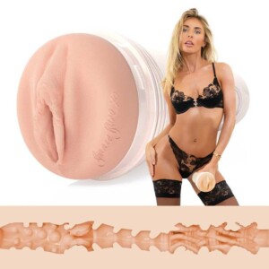 Lingerie model beside realistic textured male masturbator sleeve