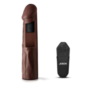 Brown remote-controlled male vibrator with black wireless remote.
