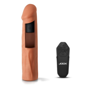 Flesh-toned male-shaped vibrator with black remote control