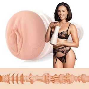 Woman holding realistic textured male masturbator sleeve