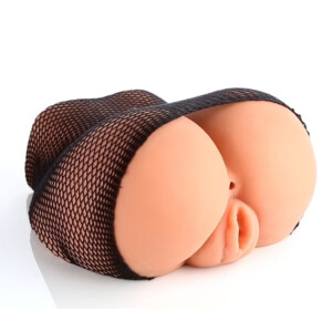 Flesh-toned adult novelty toy wearing black fishnet stocking.