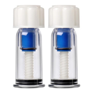 Two clear bottles with white caps and blue pump inserts