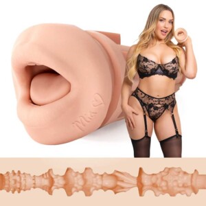 Lingerie model posing beside textured male masturbator sleeve