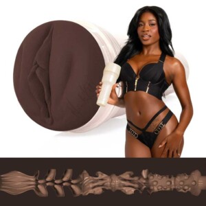 Woman holding textured adult toy with product cutaway