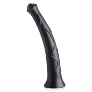 Black curved textured dildo on white background