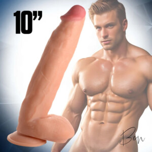 Ten-inch realistic dildo beside nude muscular male model