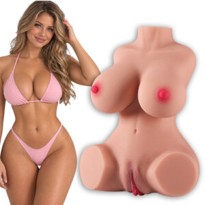 Woman beside realistic torso-shaped adult intimacy product