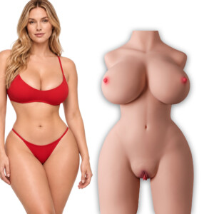 Woman in red bikini beside anatomical silicone torso
