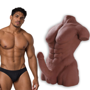 Male model beside anatomically explicit brown torso sex toy.